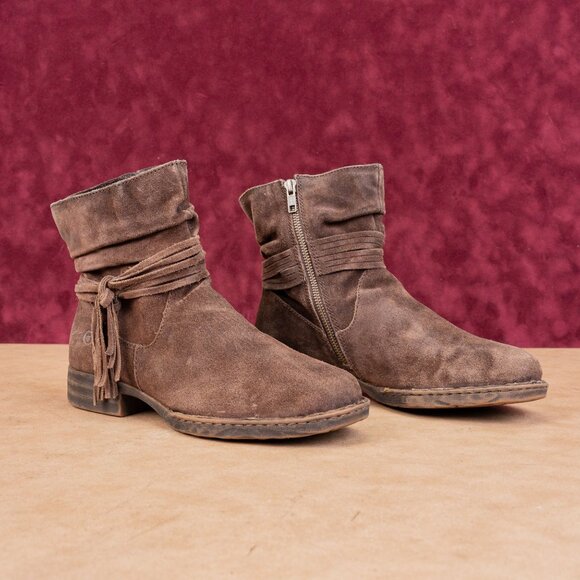 Born Women Oueva Brown Suede Zip Braided Moto Biker Ankle Boots sz 8.5 - Picture 1 of 7